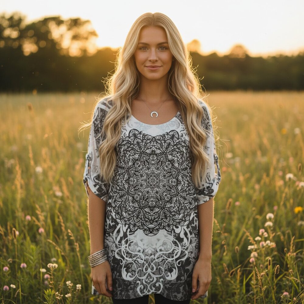 Lavish 2X Tunic Top Mandala Gray White‎ Y2K Beaded Retro Indie Fairy Grunge Boho